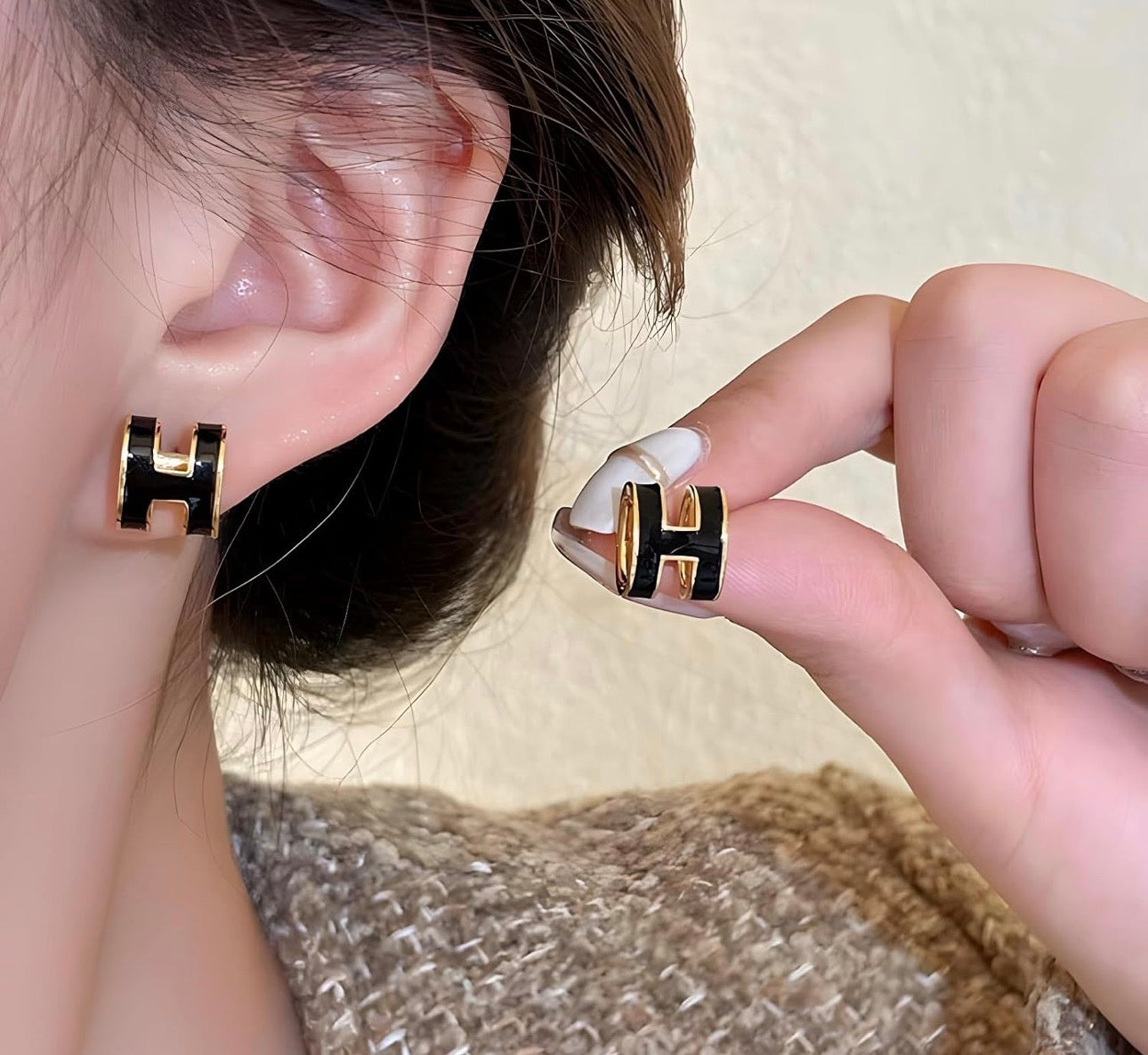 Black And Gold Hermes H Earrings
