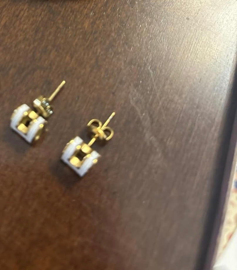 White And Gold Hermes H Earrings